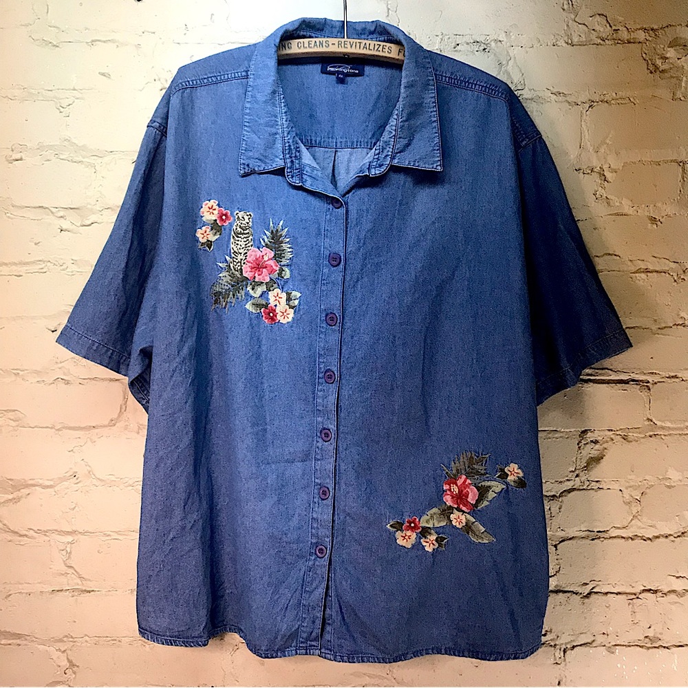 Pretty Floral Embroidered Denim Shirt